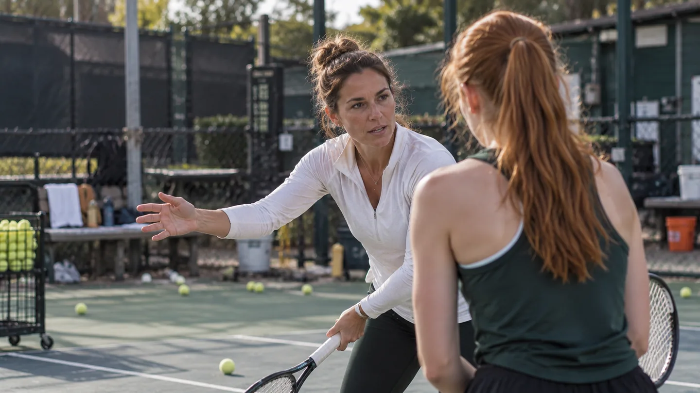 Tennis coach on court cueing a player through a correction mid-lesson.