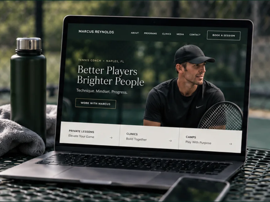 A coach website designed by CLUTCH, shown open on a laptop beside the court