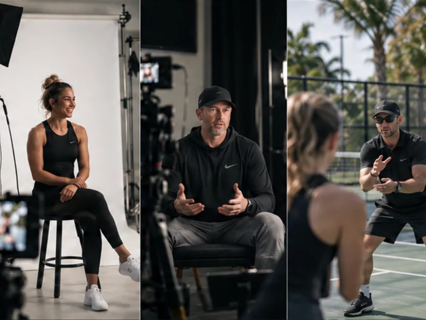Three frames from a CLUTCH Media Day: a studio portrait setup, an on-camera interview and on-court coaching capture
